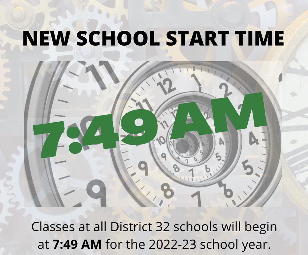Image that says "New School Start Time is 7:49 am"