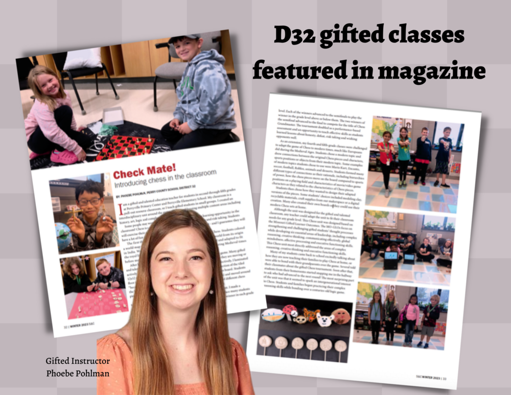 Photo of teacher Phoebe Pohlman with magazine article about Chess