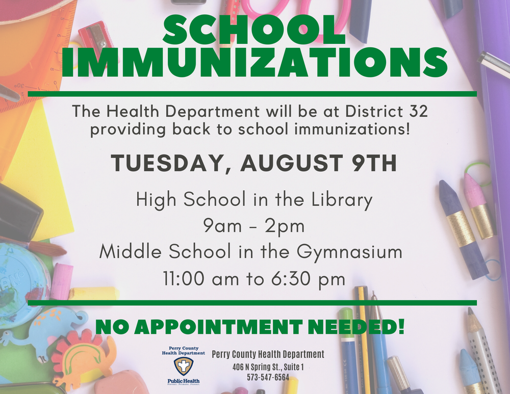 School Immunization Clinics to be held Aug. 9: PHS from 9am-2pm and PCMS from 11a to 6:30 pm