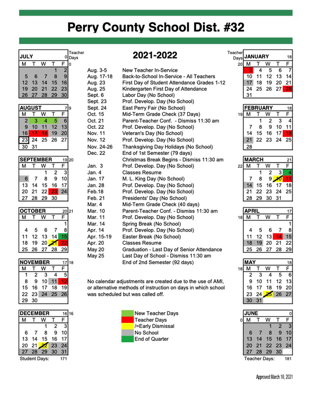 2021-22 Academic Calendar | Perry County School District 32